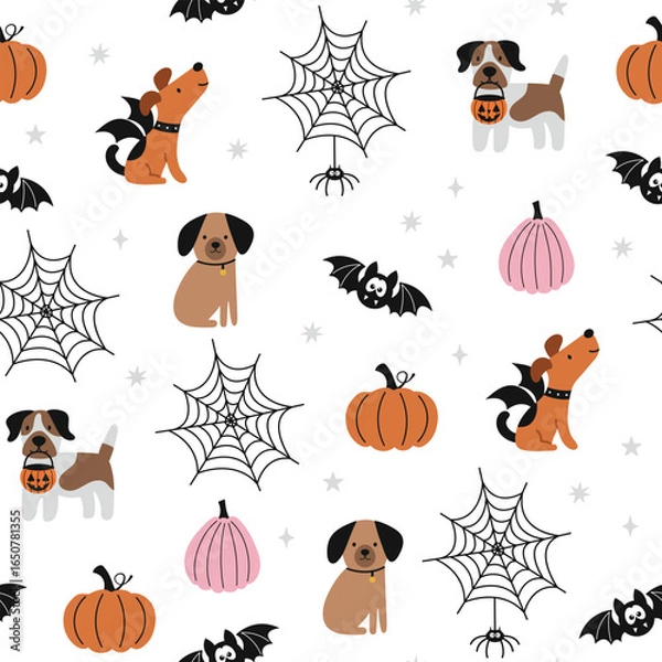 Fototapeta Happy Halloween vector seamless pattern. Cute dog, pumpkin, bat and spider web on a white background. Halloween dog illustration in flat style.