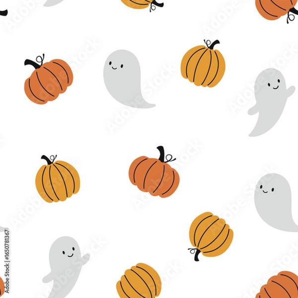 Fototapeta Happy Halloween vector seamless pattern. Cute ghost and pumpkin on a white background. Halloween illustration in flat style.