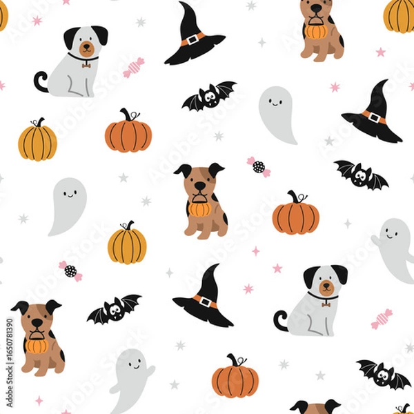 Fototapeta Happy Halloween vector seamless pattern. Cute dog, pumpkin, ghost on a white background. Halloween dog print in flat style.