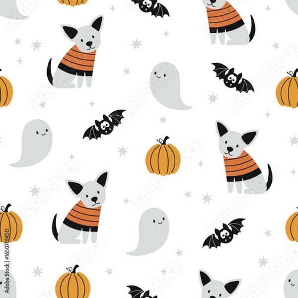 Fototapeta Happy Halloween vector seamless pattern. Cute dog, pumpkin, bat, ghost on a white background. Halloween dog illustration in flat style.