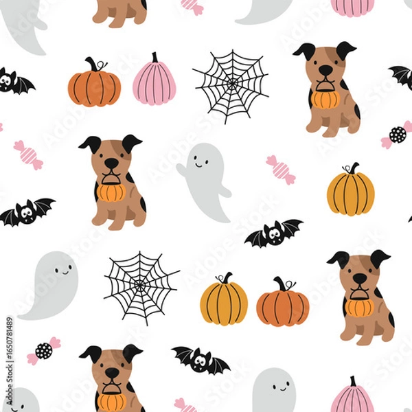 Fototapeta Happy Halloween vector seamless pattern. Cute dog, pumpkin, bat, candies, ghost on a white background. Halloween dog illustration in flat style.