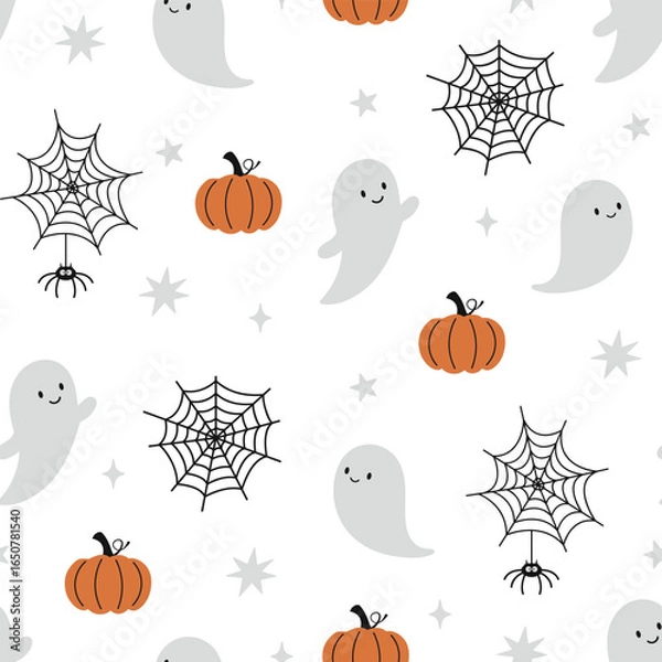 Fototapeta Happy Halloween vector seamless pattern. Cute ghost, pumpkin and spider web on a white background. Halloween illustration in flat style.