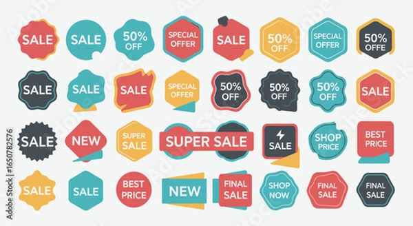 Fototapeta Vector art of collection of colorful sale and discount badges isolated on white background