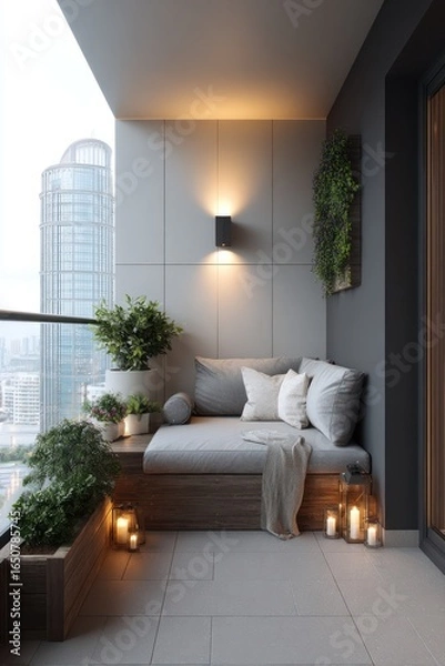 Fototapeta Cozy balcony with city view, potted plants, and seating