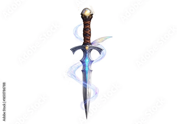 Fototapeta Fantasy-themed sword with a dragon head pommel and luminous blue accents against a black background