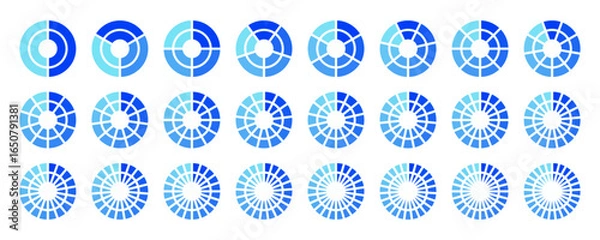 Fototapeta Circular pie chart diagram set. Blue gradient radial sectors. Data visualization icon collection. Wheel Segment slice. Concentric segmented rings. Minimal infographic element for business analytic