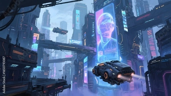 Fototapeta Futuristic Cityscape with Hovercraft and Digital Billboards