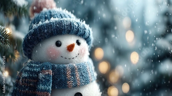 Obraz Cute Snowman with Blue Knit Hat and Scarf in Winter Wonderland Scene