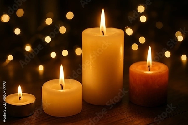 Fototapeta Four lit candles with a bokeh background of warm lights