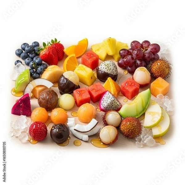 Obraz Fresh tropical fruit platter with honey drizzle and ice