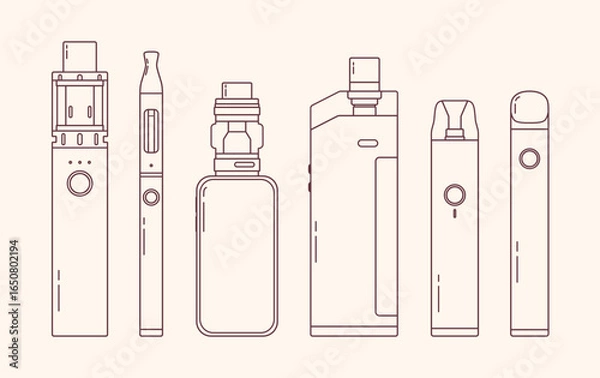 Fototapeta Vape line art set. Electronic cigarettes and vape set. Modern vector outline illustrations. Variety of designs vape pens and pod mods. Flat vector design for web.