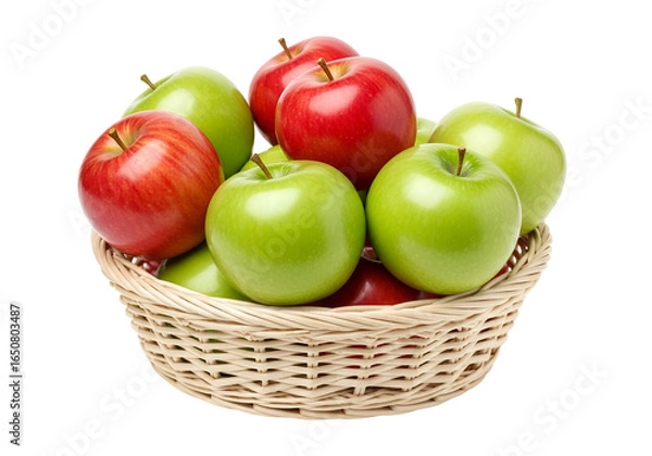 Fototapeta Fresh Red and Green Apples in a Wicker Basket Displayed Against a Black Background