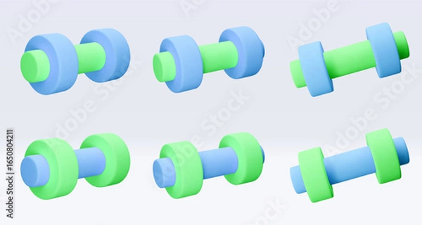 Fototapeta Blue and green Dumbbell Realistic icon, 3d render. Isolated on white backround. Sport And Fitness design set. Vector illustration for shop, flyer, banner, web, advertising, sale
