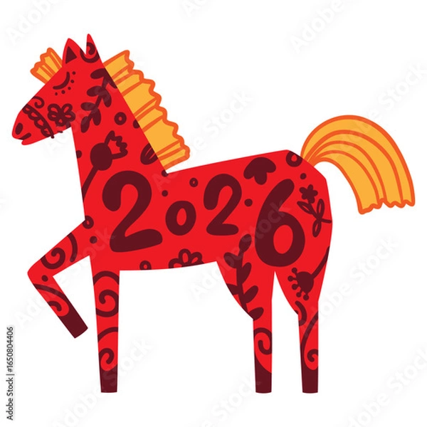 Fototapeta A red horse with yellow mane. Happy Lunar Chinese New Year 2026 greeting card, banner. Animal zodiac character isolated on white background