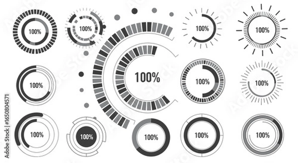 Fototapeta Vector art of collection of circular percentage progress indicators isolated on white background