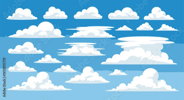 Fototapeta Vector art of a set of cartoon clouds floating in a bright blue sky on a sunny day