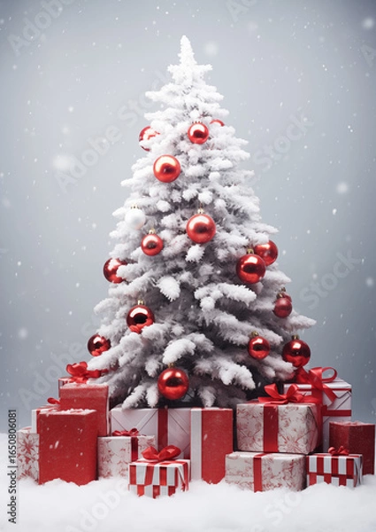 Fototapeta Elegant silver and white Christmas tree with ornaments and gifts in snowy background, festive seasonal celebration scene.