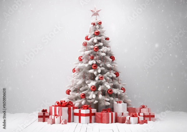 Fototapeta Elegant silver and white Christmas tree with ornaments and gifts in snowy background, festive seasonal celebration scene.