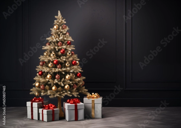 Fototapeta Modern Christmas tree decorated in golden ornaments standing indoors with wrapped gifts, elegant holiday interior.