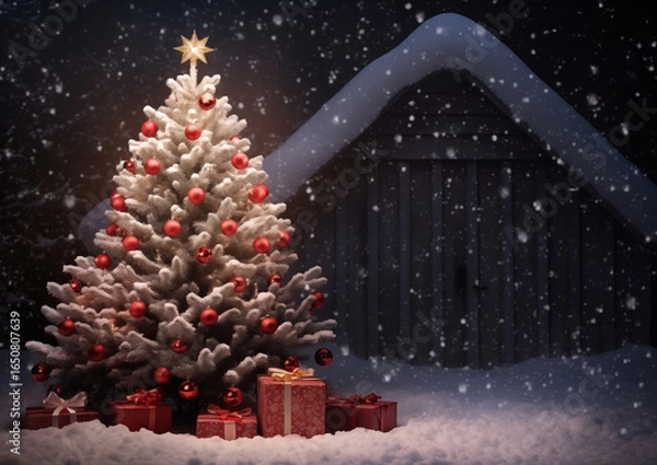 Fototapeta Christmas tree with red ornaments and gifts shining outside cozy snow-covered cabin, festive holiday winter scene.