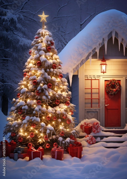 Fototapeta Christmas tree with red ornaments and gifts shining outside cozy snow-covered cabin, festive holiday winter scene.