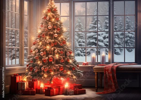 Fototapeta Christmas tree with red ornaments and gifts shining outside cozy snow-covered cabin, festive holiday winter scene.