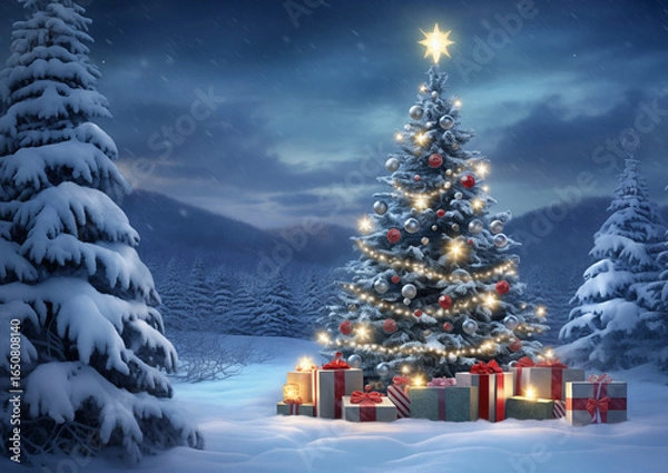 Fototapeta Sparkling Christmas tree decorated with golden lights and red ornaments in snowy forest, cozy festive holiday atmosphere.