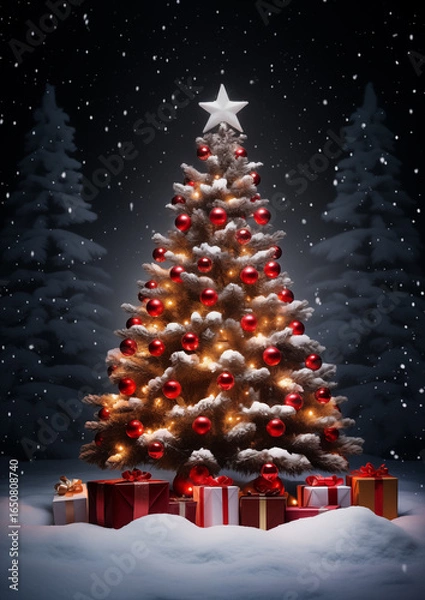 Fototapeta Sparkling Christmas tree decorated with golden lights and red ornaments in snowy forest, cozy festive holiday atmosphere.