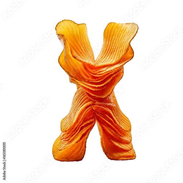 Fototapeta A letter X made from stacked golden potato chips, crisp and textured, floating on a white background with a soft shadow, playful and appetizing.