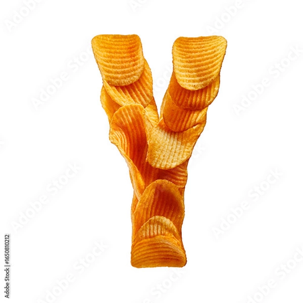 Fototapeta A letter Y made from stacked golden potato chips, crisp and textured, floating on a white background with a soft shadow, playful and appetizing.