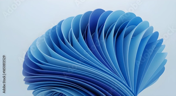 Fototapeta Abstract, spiraling arrangement of layered, blue-toned paper-like forms, radiating from a central point, soft light, smooth surfaces, creating a calming, ethereal ambiance.
