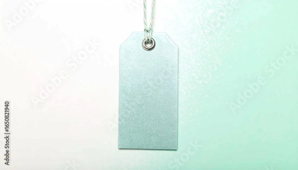 Fototapeta A blank, light blue shining metal gift tag mockup with a string attached, elegantly hanging against clean, two-toned background, perfect for product labeling, branding, Creative design presentations