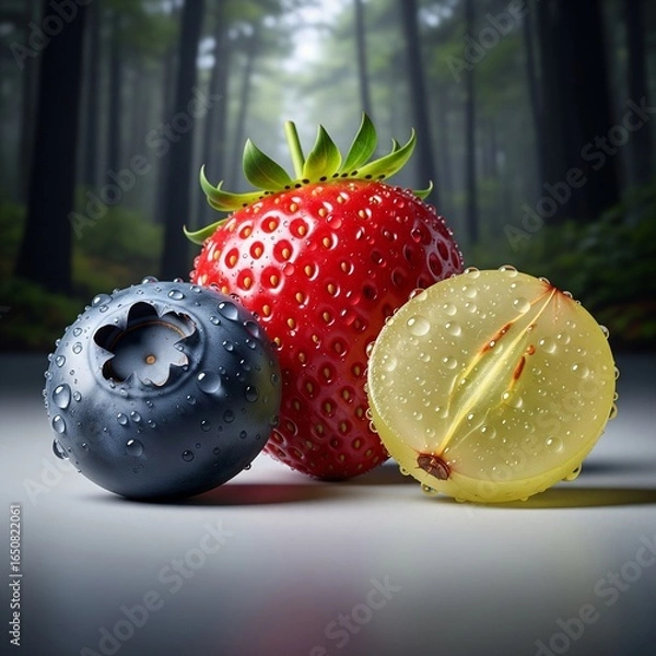 Obraz Fresh strawberry, blueberry, and grape with water droplets in natural forest background