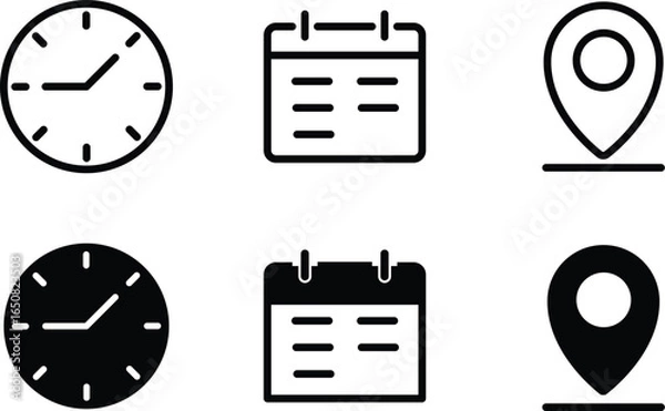 Obraz time location calendar icon set.  Address, notification bell. clock sign. location pin signs. Calendar icon symbol. Location place, date reminder. Vector
