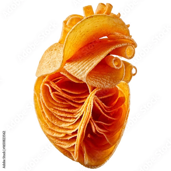 Fototapeta Heart made from stacked golden potato chips, crisp and textured, floating on a white background with a soft shadow, playful and appetizing.