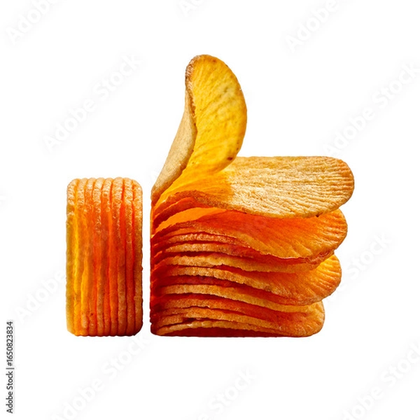 Fototapeta Thumb up sign made from stacked golden potato chips, crisp and textured, floating on a white background with a soft shadow, playful and appetizing.