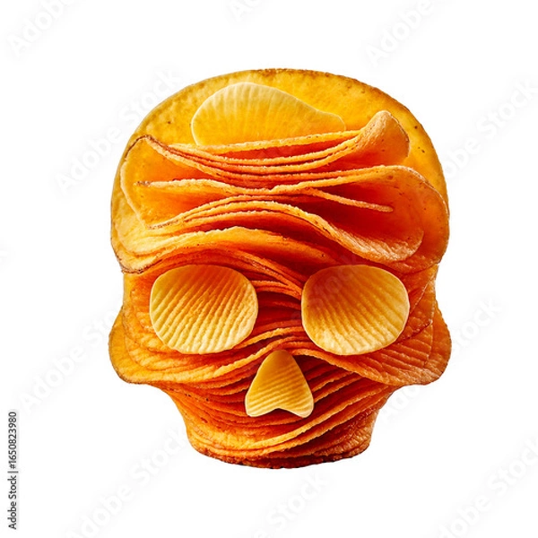 Fototapeta Skull made from stacked golden potato chips, crisp and textured, floating on a white background with a soft shadow, playful and appetizing.