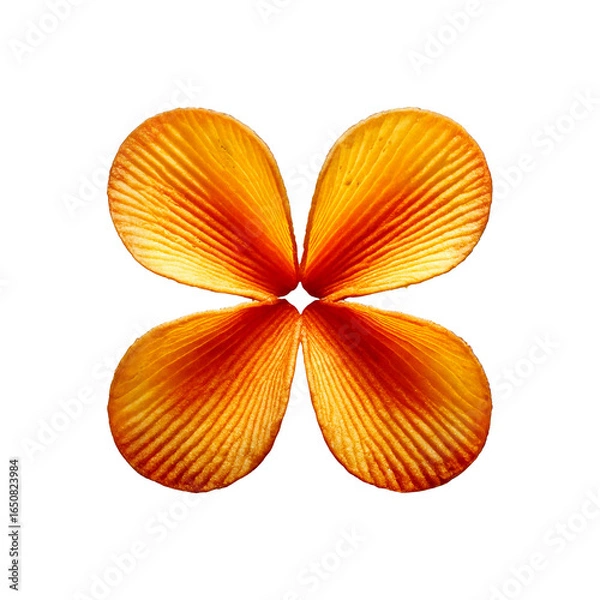 Fototapeta Flower made from stacked golden potato chips, crisp and textured, floating on a white background with a soft shadow, playful and appetizing.