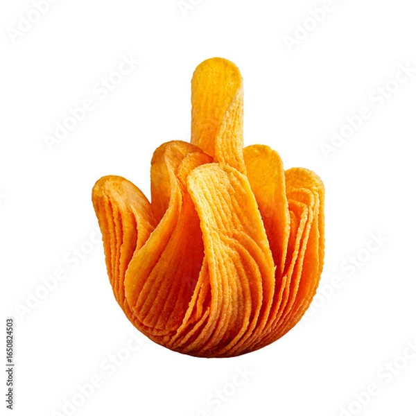 Fototapeta Middle finger made from stacked golden potato chips, crisp and textured, floating on a white background with a soft shadow, playful and appetizing.