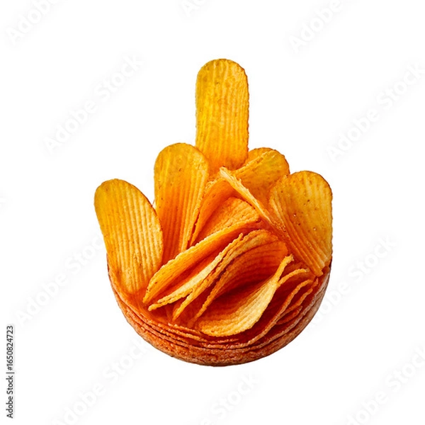 Fototapeta Middle finger made from stacked golden potato chips, crisp and textured, floating on a white background with a soft shadow, playful and appetizing.