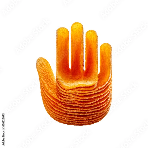 Fototapeta Hand made from stacked golden potato chips, crisp and textured, floating on a white background with a soft shadow, playful and appetizing.