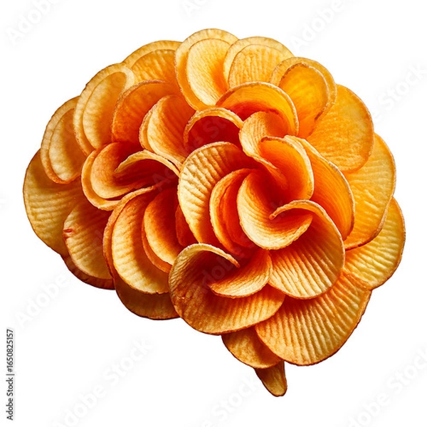 Fototapeta Brain made from stacked golden potato chips, crisp and textured, floating on a white background with a soft shadow, playful and appetizing.