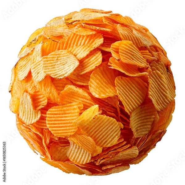 Fototapeta Sphere made from stacked golden potato chips, crisp and textured, floating on a white background with a soft shadow, playful and appetizing.