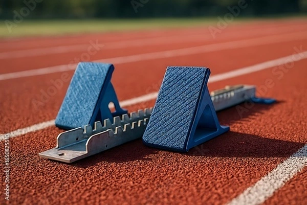 Fototapeta A pair of blue starting blocks sit ready on a textured, red running track on a bright sunny day.
