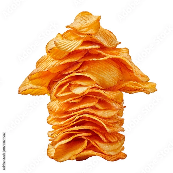 Fototapeta Arrow made from stacked golden potato chips, crisp and textured, floating on a white background with a soft shadow, playful and appetizing.