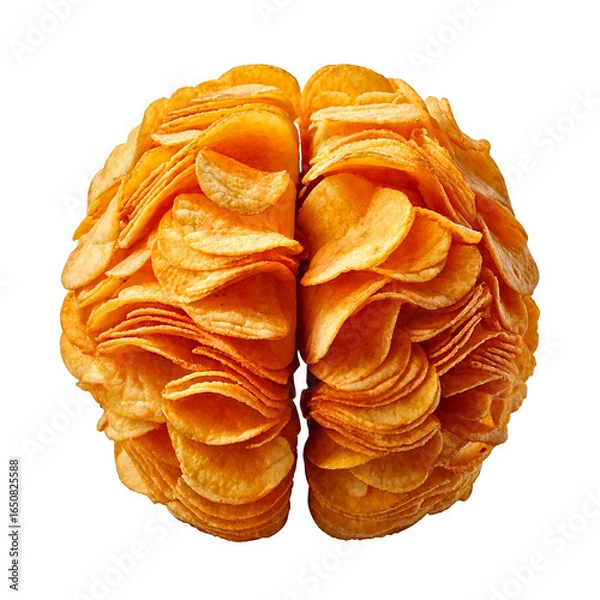Fototapeta Brain made from stacked golden potato chips, crisp and textured, floating on a white background with a soft shadow, playful and appetizing.