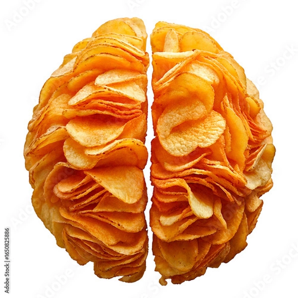 Fototapeta Brain made from stacked golden potato chips, crisp and textured, floating on a white background with a soft shadow, playful and appetizing.