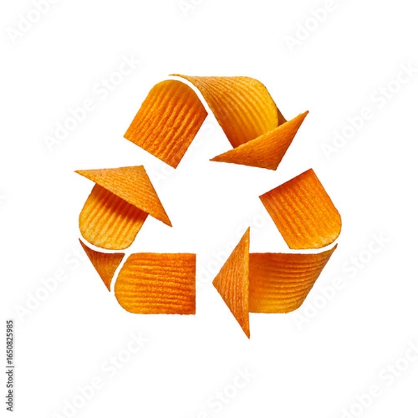 Fototapeta Recycling icon made from stacked golden potato chips, crisp and textured, floating on a white background with a soft shadow, playful and appetizing.