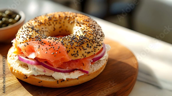 Fototapeta Sesame Bagel with Cream Cheese, Smoked Salmon, and Red Onion Slices