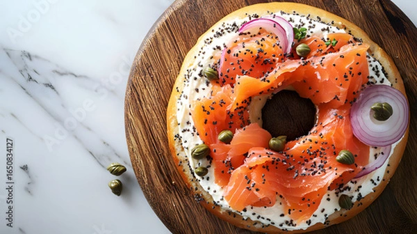Fototapeta Bagel topped with smoked salmon, cream cheese, red onion slices, and capers on a wooden board
